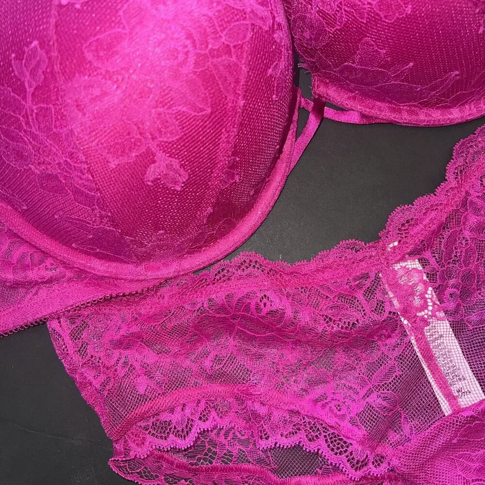 Victoria's Secret 36D BOMBSHELL BRA SET M Panty OUTRAGEOUS HOT PINK FLORAL LACE